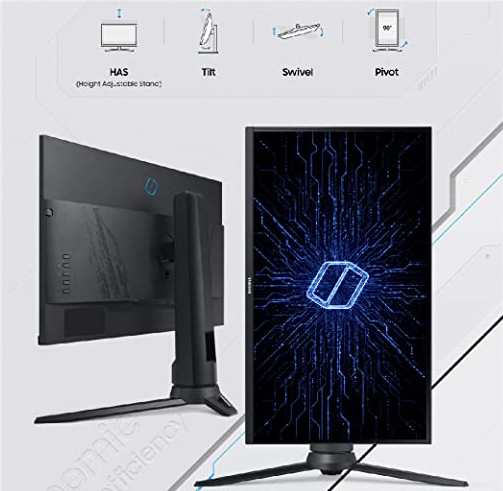 Two monitors with one's back showing adjustable stand and the other be rotated 90 degrees.